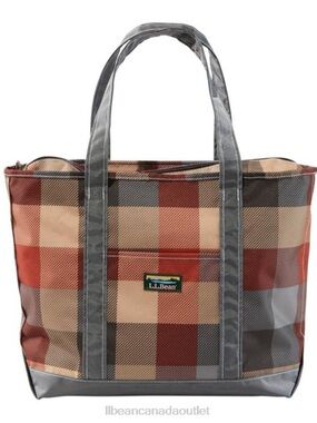 L.L. Bean Red and Tan Plaid Tote with Gray Handles
